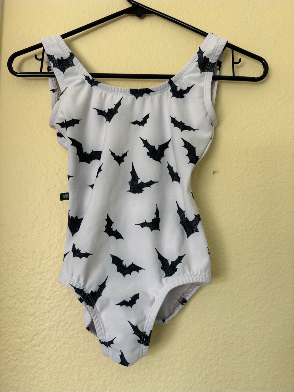 White - Halloween Luckyleo Bodysuit with Black Bat Print. Fun for dance class!
